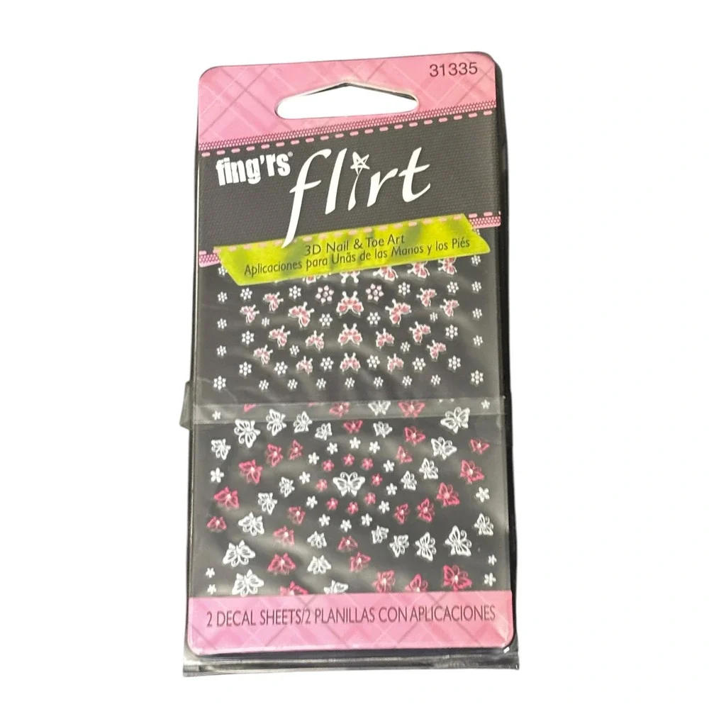 Fingrs Flirt 3D Nail Toe Art Decals Pink White Butterfly Floral 31335 2 Sheets
